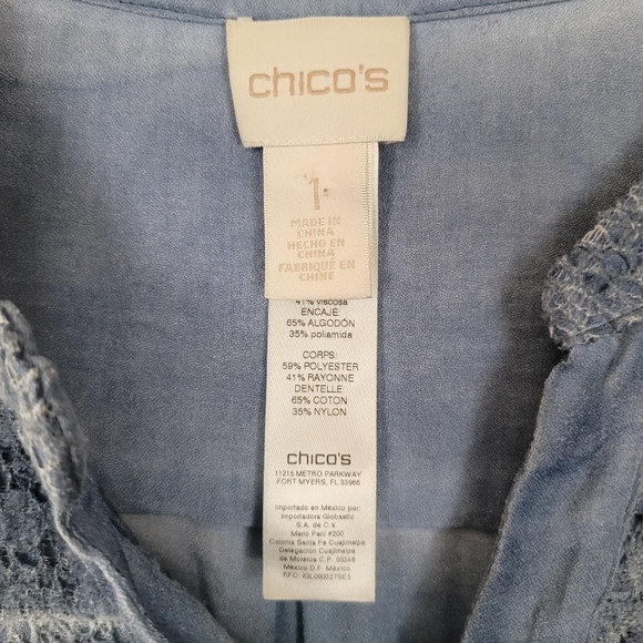 Chico's Women's Size 1 Blue Lace Long Sleeve Button Down Denim Look Shirt - Picture 6 of 13